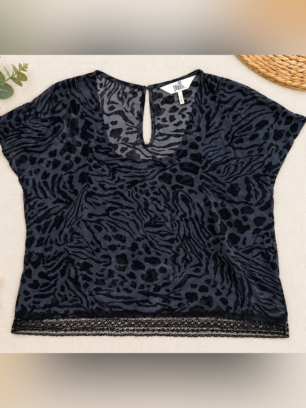Black Poppy Black and Gray Animal Print Chemise Top